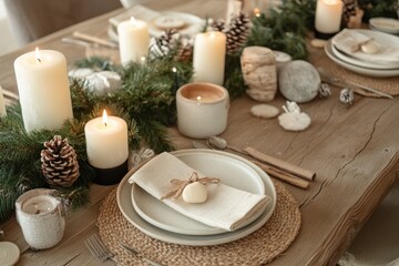 Festive dining table decorated with candles and natural elements for a winter gathering