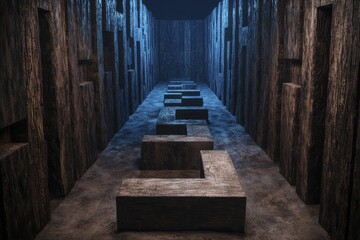 Intricate maze of paths featuring diverse textures, deep blue backdrop, exploration of consumer preferences.