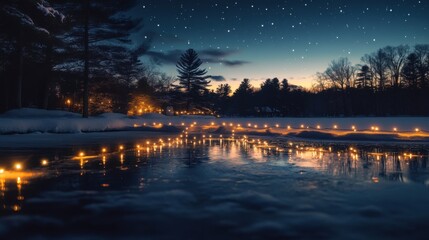 String lights reflecting in fresh snow under a starry sky