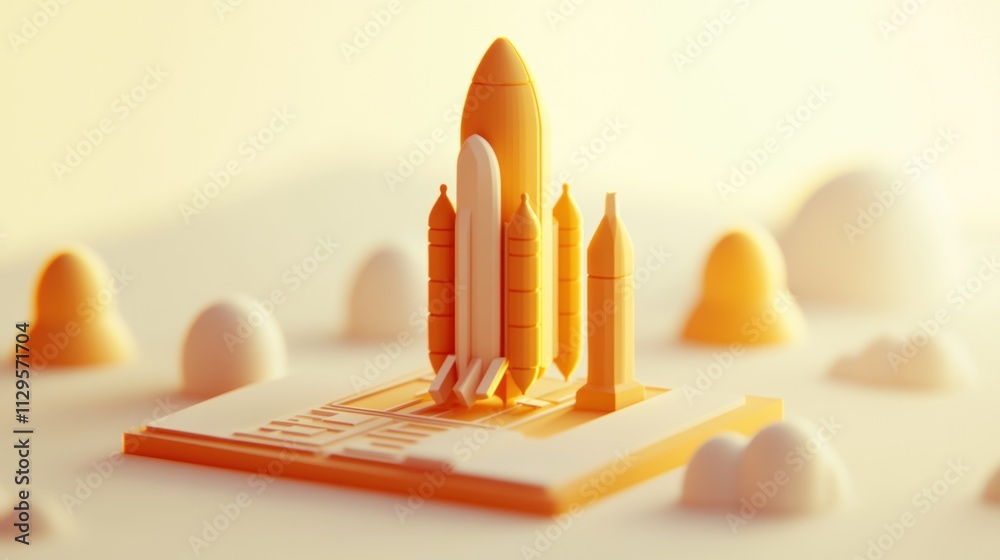 Poster Stylized 3D render of a rocket on a launchpad.