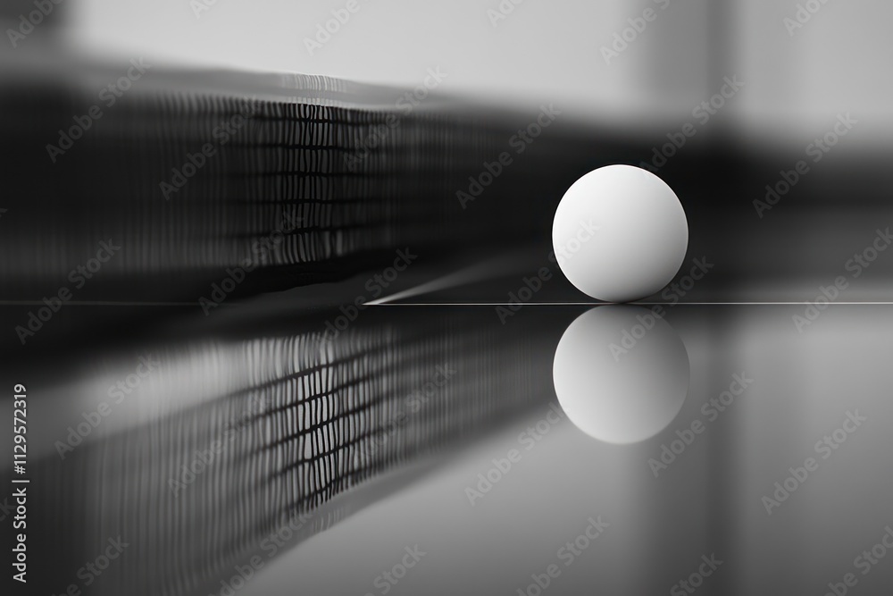 Aufkleber Close-up of a ping pong ball on a reflective table with a blurred paddle in the background.