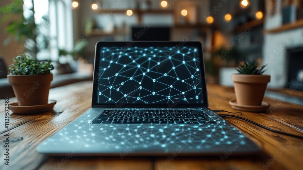 Poster exploring virtual networking concepts on a laptop in a cozy home setting during the day