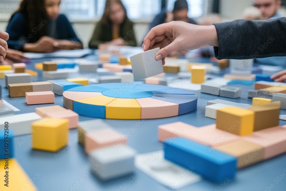 Poster hand placing cube on colorful blocks during a meeting.