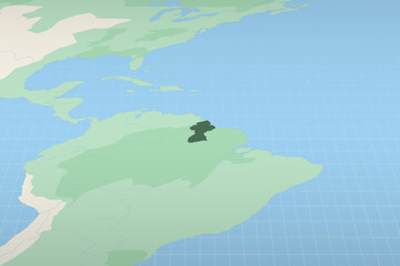 Guyana highlighted on a detailed map, geographic location of Guyana.