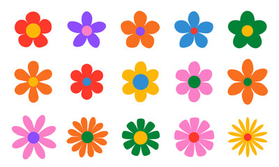 Chamomile. Colorful daisy round flower set. Camomile icon collection. Isolated on background. Flat design. Vector illustration. Summer chamomile flower. Love symbol. Groovy daisy flowers set