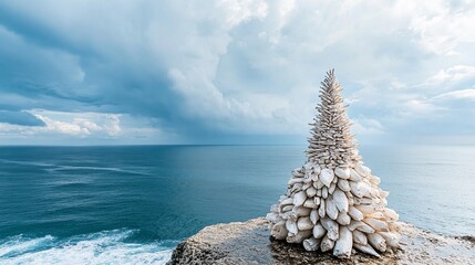 Seashell Christmas tree on cliff overlooking ocean.