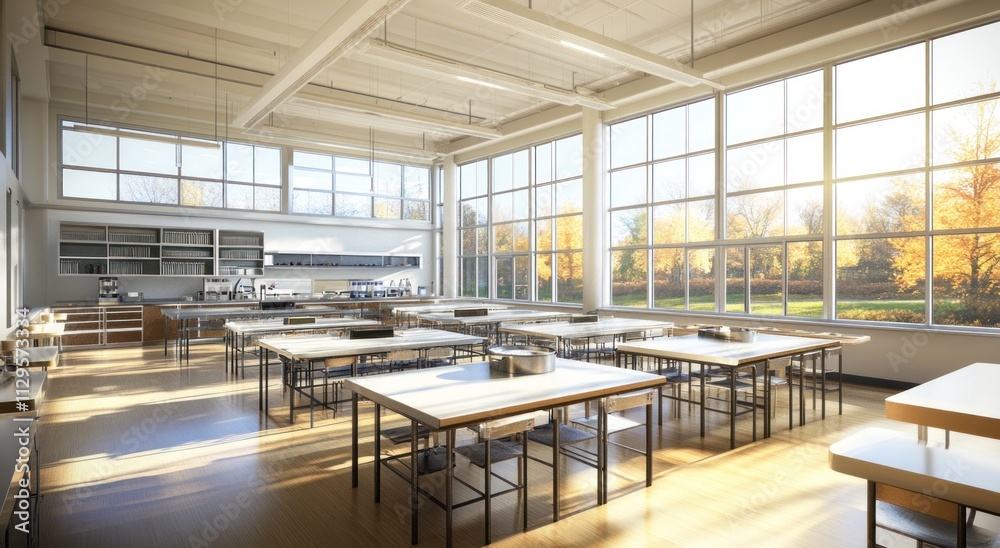 Poster sunlit modern classroom with large windows overlooking autumnal landscape.