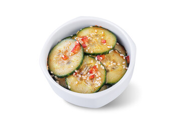 Cucumber spicy asian salad in a bowl on a white isolated background