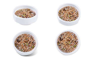 Spicy sesame seeds scallion soy sauce in a white bowl on a white isolated background