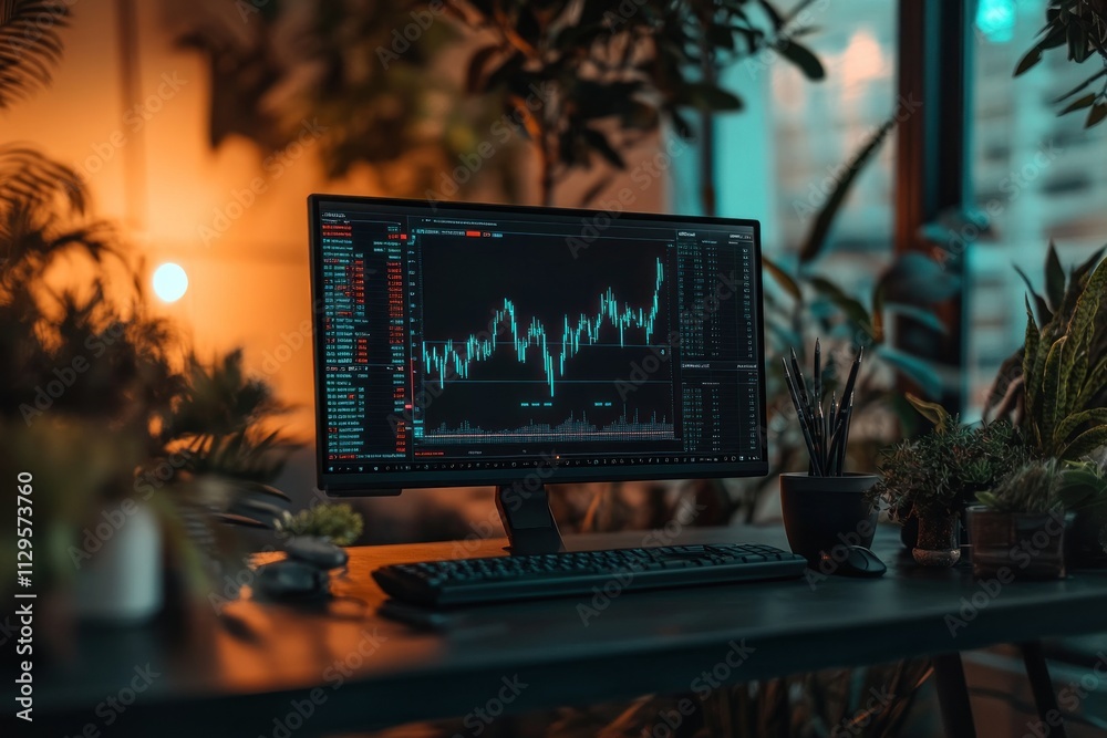 Aufkleber stock market data displayed on a computer screen surrounded by plants.