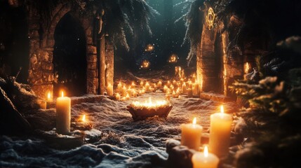 Obraz premium Warm candlelight illuminating a nativity scene