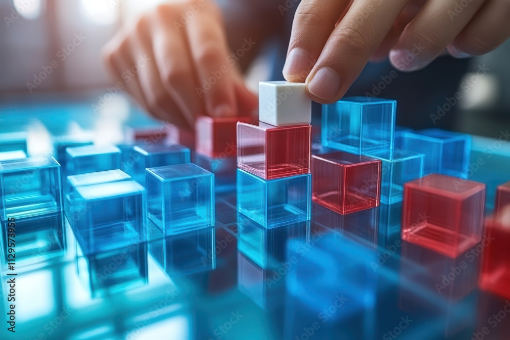 Poster close-up of hands arranging colorful blocks on a glass surface, representing strategic planning or p