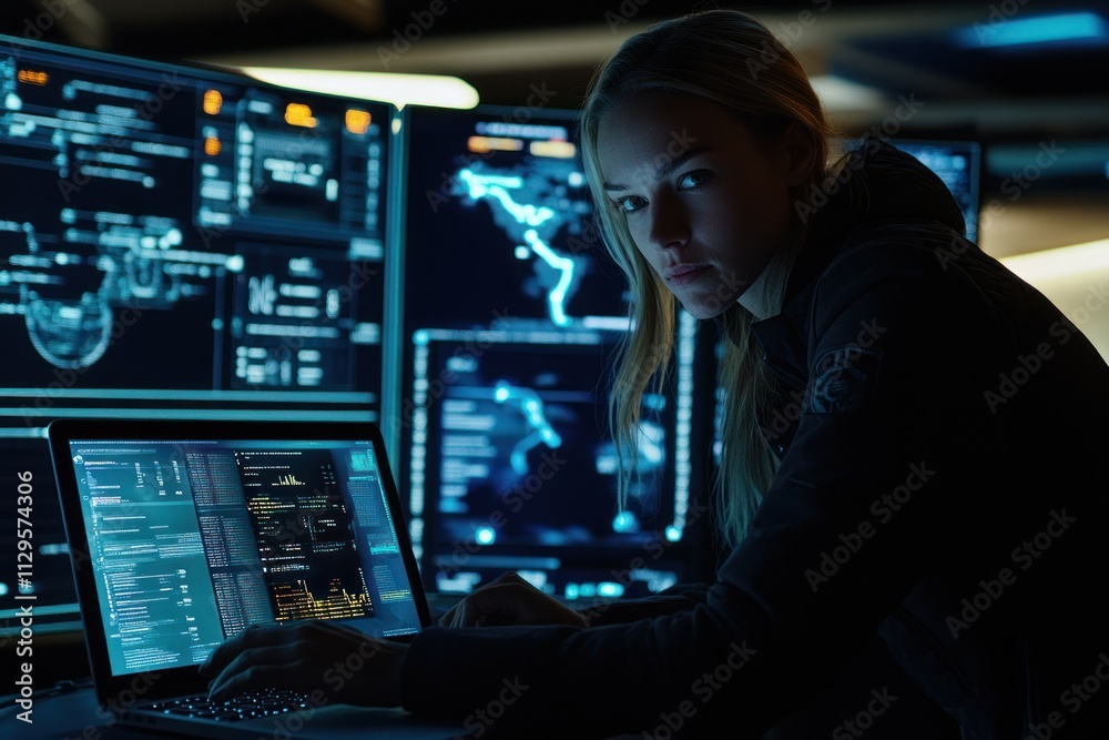 Aufkleber Woman programmer working late at night in front of multiple computer screens.