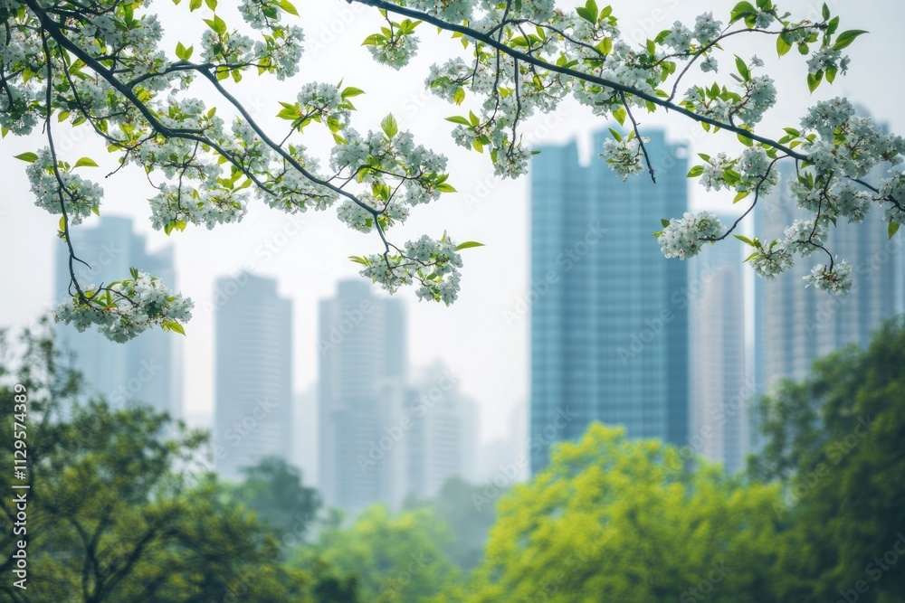 Poster blossoming tree branches frame a hazy cityscape.
