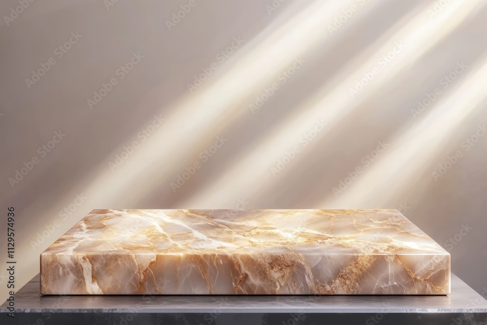 Poster elegant marble platform illuminated by sunlight, ideal for product display or presentation.