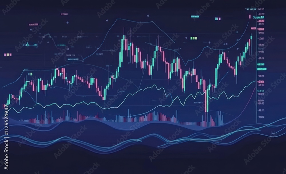 Poster Abstract financial chart with candlestick patterns, lines, and data points on a dark background.