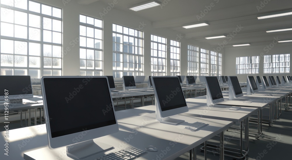 Poster Sunlit computer lab with rows of desktops.