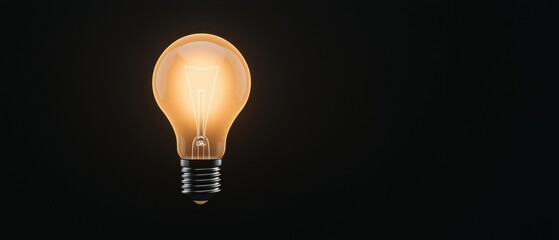 Close-up of a light bulb on a black background. the light bulb is turned on and is emitting a warm, golden glow. the bulb has a cylindrical shape with a pointed top and a filament at the bottom.