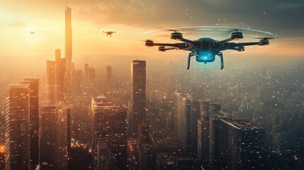 Naklejka premium Drone surveillance over illuminated cityscape at sunset.
