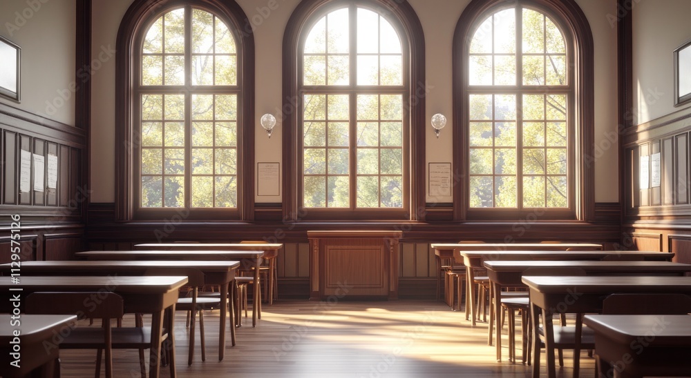 Aufkleber sunlit classroom with wooden desks and large arched windows.