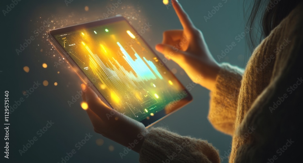 Poster woman's hands using tablet showing glowing financial data charts.