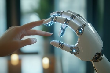 Human hand gently touches robotic hand; futuristic connection.