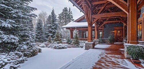 A Craftsman house with intricate wooden beams, a wide snow-dusted porch, and a tranquil winter garden framed by tall evergreens