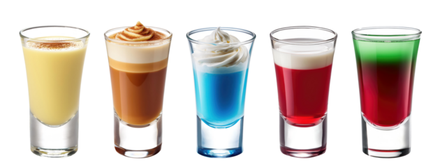 a round of party shots collection: eggnog shooter, gingerbread, white wonderland, Santa Claus hat shot, holly berry shot; transparent glasses overlay