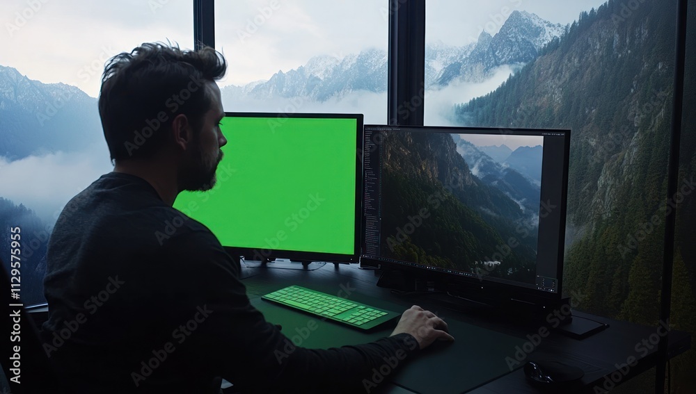 Poster man edits video with mountain view.