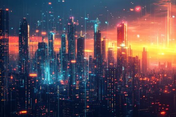 Fototapeta premium Futuristic cityscape, glowing skyscrapers, digital data streams.