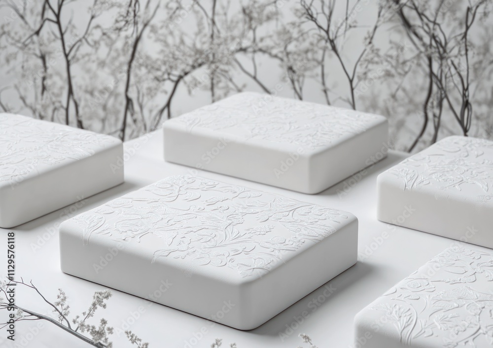 Aufkleber White textured blocks arranged on a white surface with branches in the background.