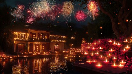 Naklejka premium Traditional Villa Decorated for Diwali with Glowing Festive Lights