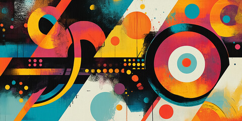 Obraz premium Bold and blocky letters combined with spirals, dashed lines, and colorful dots, all layered over a dynamic, contrasting background.