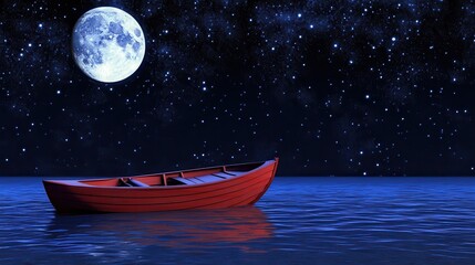 A serene night scene featuring a red boat on calm water under a bright moon and starry sky.
