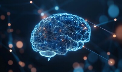 Glowing wireframe brain, network connections, dark background.