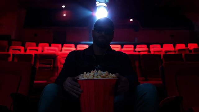 A man enjoys a movie in a dark cinema, holding a bucket of popcorn. Perfect for entertainment, leisure, and film-related projects.. AI Generation