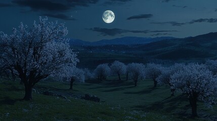 Fototapeta premium A serene night scene featuring blooming trees under a full moon in a tranquil landscape.