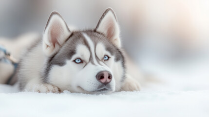 Naklejka premium A close-up portrait of a Siberian Husky resting on pristine snow, highlighting its striking blue eyes and soft fur, creating a tranquil and serene winter moment with a blurred background.