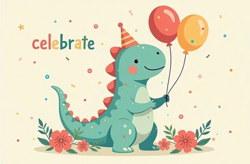 Naklejka premium Friendly dinosaur with balloons, surrounded by flowers and confetti, birthday theme in pastel colors, 