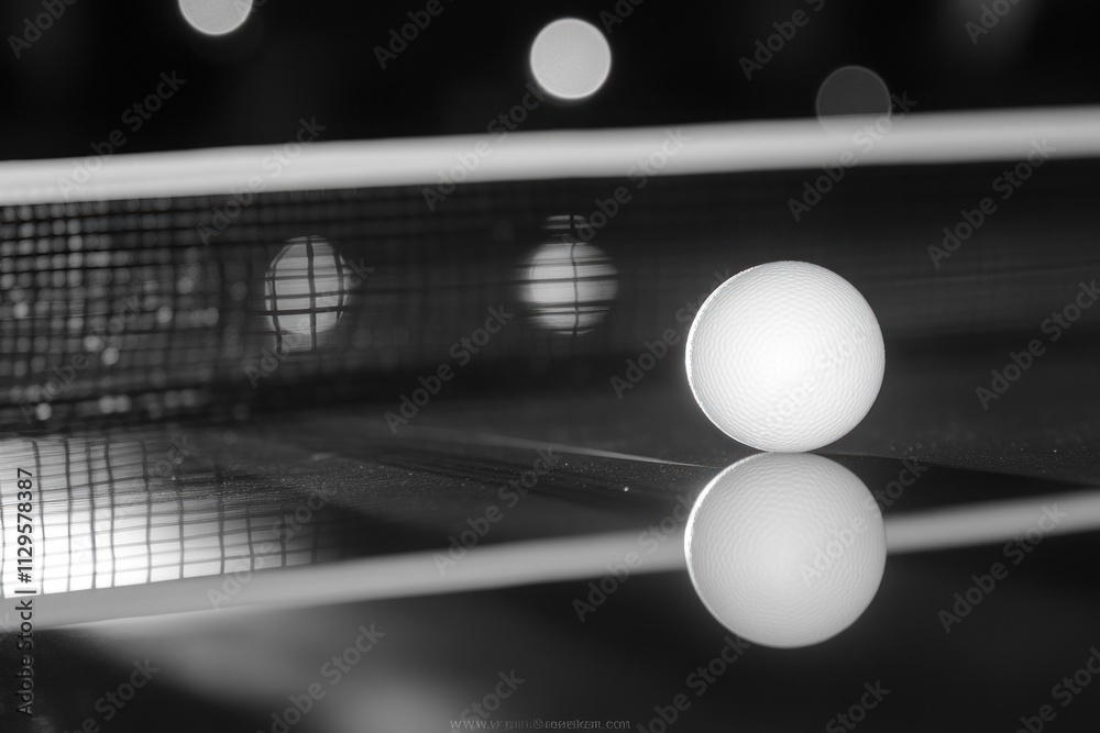 Poster close-up monochrome shot of a ping pong ball on a table, ready for a game.