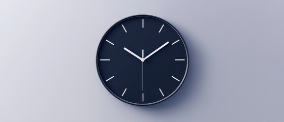 Round clock with a dark blue background. the clock face is round and has a white hour hand and minute hand.