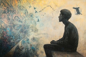 Obraz premium Person contemplates abstract, swirling forms, birds.
