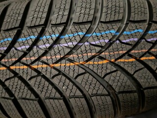 Close-up view of a car tire tread pattern, showcasing intricate design for maximum traction and durability on various road surfaces