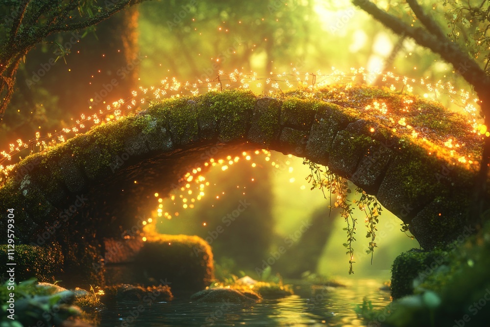 Aufkleber magical stone bridge in a lush forest, illuminated by sparkling lights.