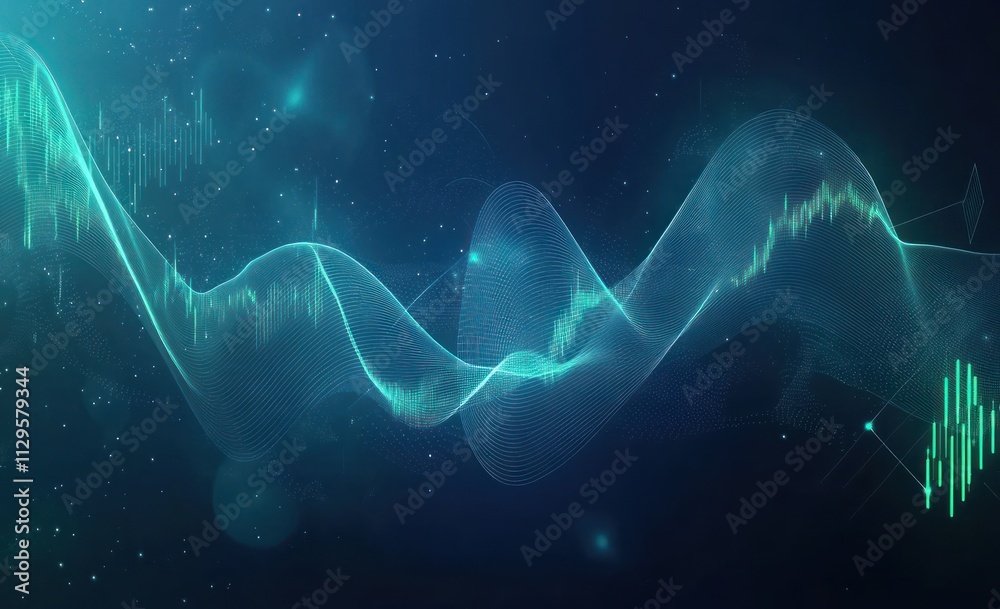Poster Abstract glowing teal wave with data visualization.