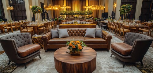 A grand event hall featuring plush sofas, leather lounge chairs, and high-end wooden tables arranged around elegant golden fixtures for a luxurious gathering