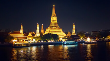Naklejka premium Wat Arun temple in Bangkok, Thailand, glows beautifully at night.