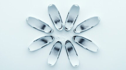 A high-resolution top-down view of snowshoes arranged symmetrically in a radial pattern on a snowy surface, highlighting intricate details and a minimalist winter design.