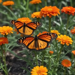 Obraz premium A pair of monarch butterflies on a patch of bright orange marigold, vibrant, wildlife