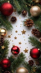 Red and Gold Christmas Frame with Pine Branches